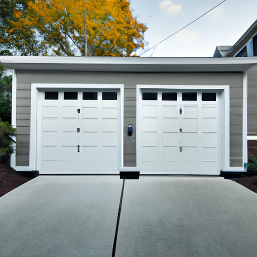 Suburban Belmont driveway with a modern two-car garage door installed on a detached home, late-afternoon light.