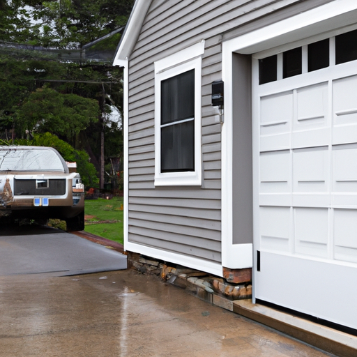 Belmont, MA two-car garage with a modern smart sectional door, keypad, and Wi‑Fi antenna visible, overcast New England light.