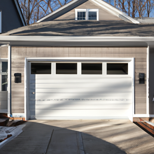 Insulated sectional garage door and opener on a suburban Belmont, MA home in winter light.