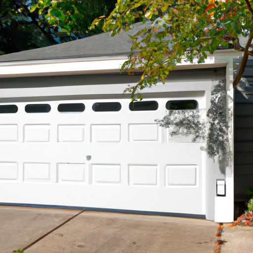 Residential sectional garage door in a Belmont, MA driveway, showing panels, tracks, and opener hardware.