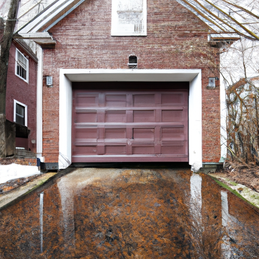 Suburban Belmont home with a modern paneled garage door, wet driveway and early spring light.