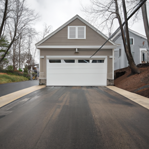 Suburban two-story house in Belmont, MA showing a closed modern paneled garage door and wet driveway on an overcast day.