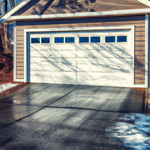Suburban Belmont, MA home exterior with closed garage door, visible weatherstrip and driveway details, early spring light.