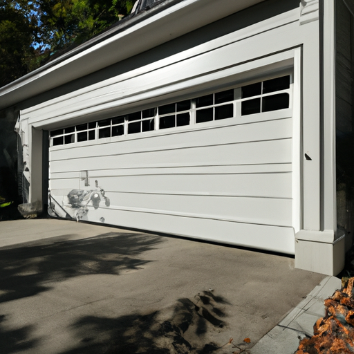 Sectional garage door and driveway at a suburban Belmont, MA home with visible hardware and tracks.