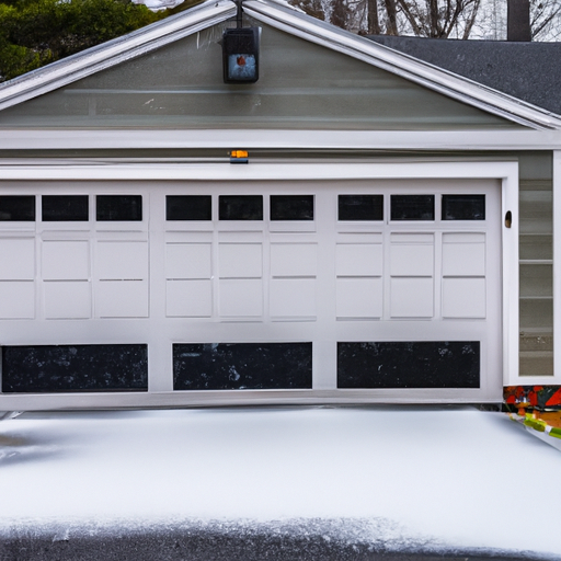 Suburban Belmont home with a closed insulated sectional garage door and light snow on the lawn