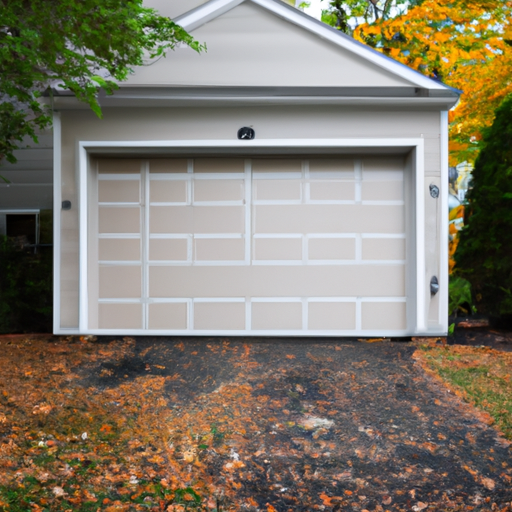Closed steel-paneled garage door on a suburban Belmont, MA home with fall foliage and a clean driveway.