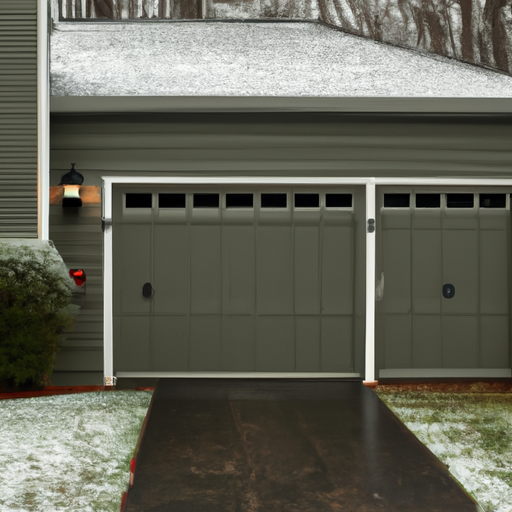 Suburban Belmont home with modern steel garage door, clapboard siding, light snow and wet driveway.