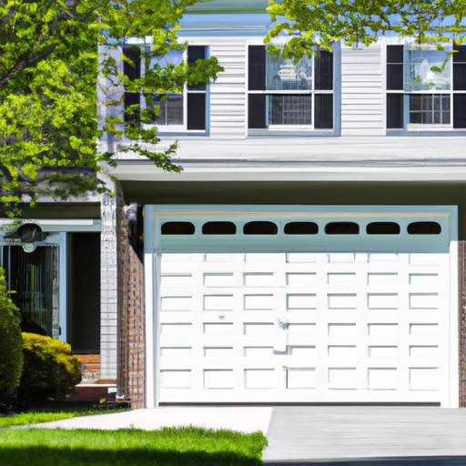 Suburban Belmont, MA home with a closed modern sectional garage door, morning light, trimmed lawn, and trees.