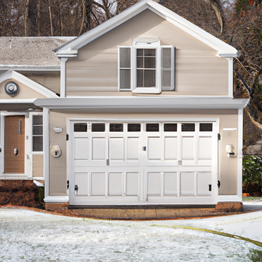 Wide shot of an insulated suburban garage door on a Belmont, MA colonial home in early winter light