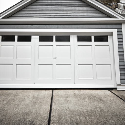 Wide view of a suburban home in Belmont, MA showing a closed sectional garage door, weather seals, and paved driveway under soft overcast light.